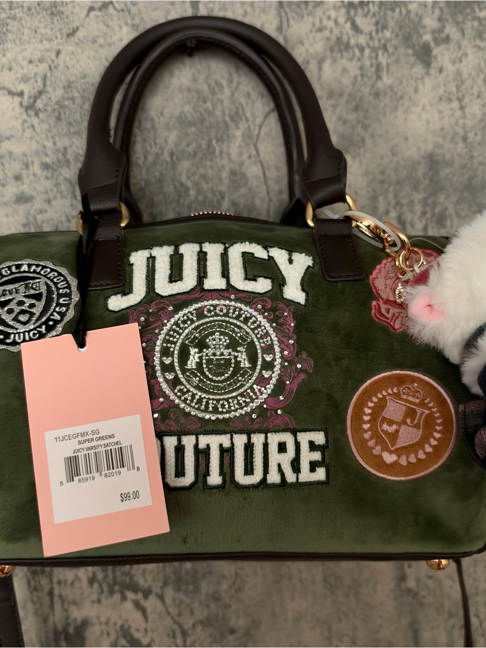 Juicy Couture Olive Green Embroidered Satchel with Dark Brown Handles